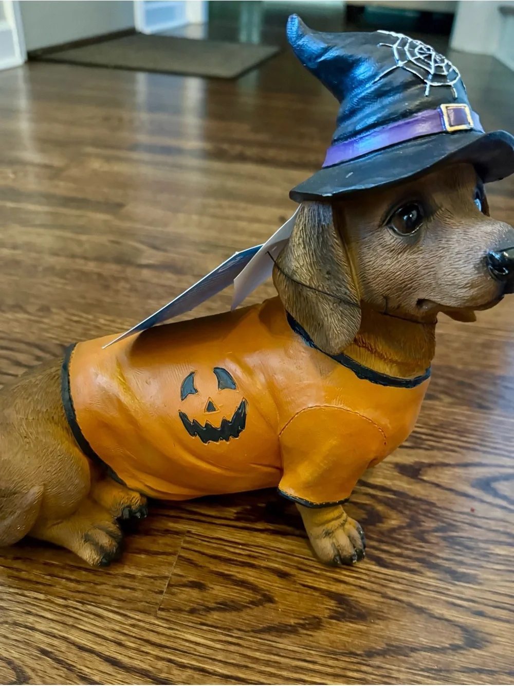 Halloween Pumpkin Dachshund Dog Figurine With Orange and Black Halloween Shirt